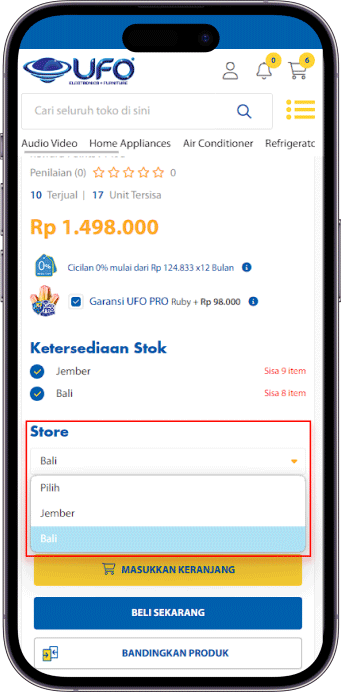 Pilih produk yang akan kamu beli dan pilih store dimana yang kamu mau ambil 