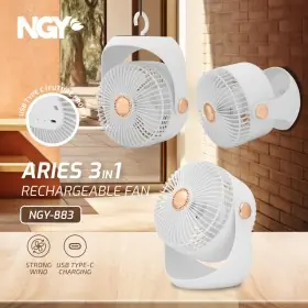 Ufoelektronika NGY Aries Portable Rechargeable Fan 3in1 Kipas Angin Gantung 6 inch Pearl White NGY883