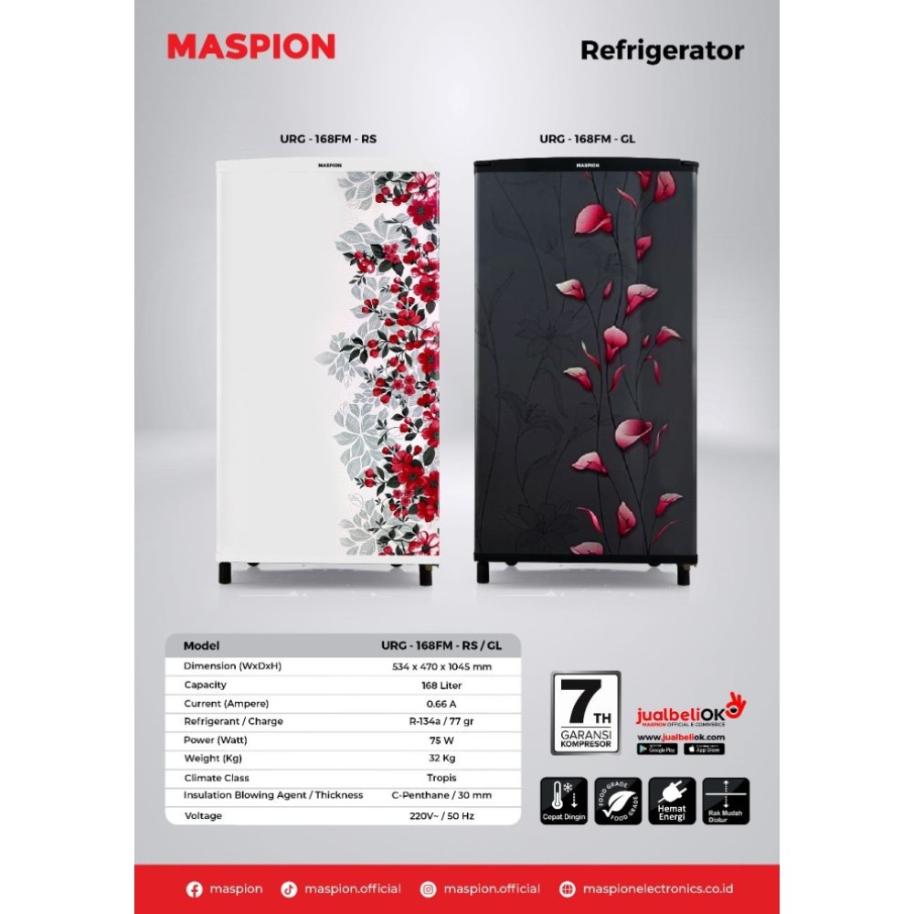 Maspion Kulkas 1 Pintu 168 Liter URG168FM-RS